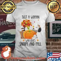 Just a woman who loves snoopy and fall pumpkin maple leaves shirt