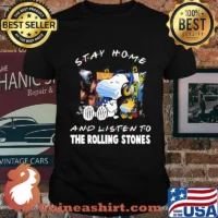 Snoopy and woodstock mask stay home and listen to the rolling stones shirt