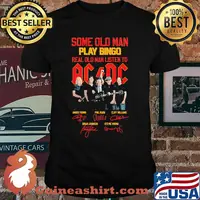 Some old man play bingo real old man listen to AC DC signatures shirt