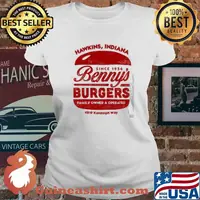 Hawkins Indiana since 1956 Benny's Burgers family owned and operated 4819 Randolph way s Ladies tee