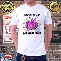 In october we wear pink pumpkin buffalo plaid halloween shirt