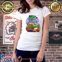 British Shorthair Cat Frankenstein Halloween Witch Pumpkin Moon T-Shirt