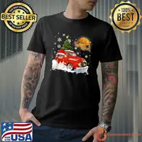 Papillon Dog Riding Red Truck Christmas Decorations Blood Moon T-Shirt