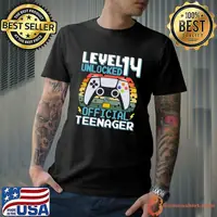 Level 14 Unlocked Teenager 14th Birthday Gamer Vintage Sunset T-Shirt