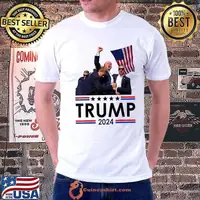 Trump Fist Pump Shot At Trump Survives Rally American Flag Stars 2024 T-Shirt