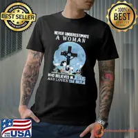 Peanuts Characters Never Underestimate A Woman Who Believes In Jesus And Loves North Carolina Tar Heels Shirt