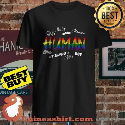 Human gay yellow white unicorn black straight girl boy LGBT pride and rainbows shirt