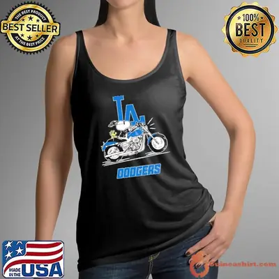 Snoopy and Woodstock driving motorbike Los Angeles Dodgers shirt