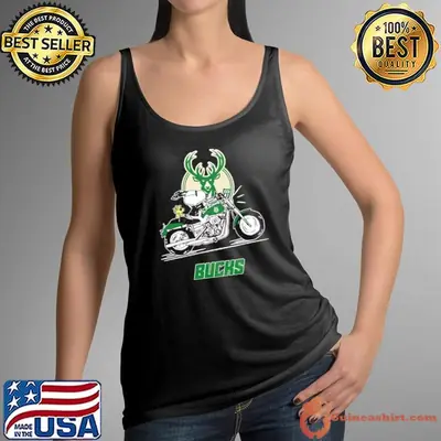 Snoopy and Woodstock driving motorbike Milwaukee Bucks shirt