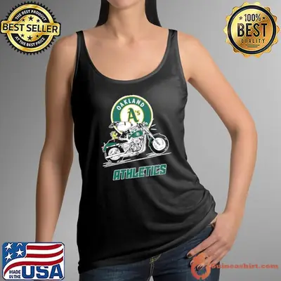 Snoopy and Woodstock driving motorbike Oakland Athletics shirt