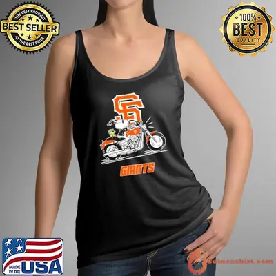 Snoopy and Woodstock driving motorbike San Francisco Giants shirt