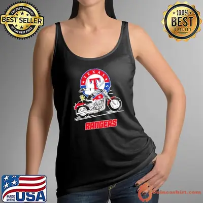 Snoopy and Woodstock driving motorbike Texas Rangers shirt