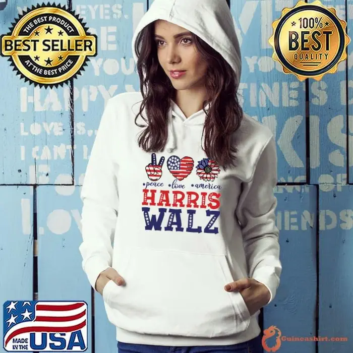 Peace love america harris walz high hand heart sunflower usa flag Hoodie
