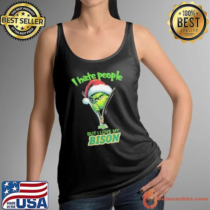 Grinch Santa Hat I Hate People But I Love My North Dakota State Bison Christmas Logo Tank Top